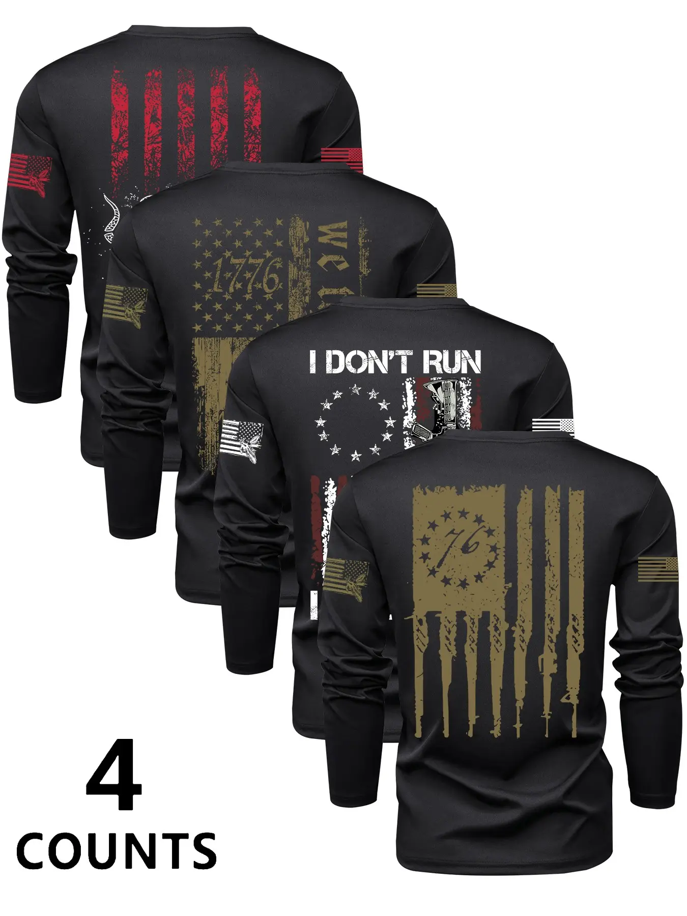 4-Piece Men's Flag Series Crew Neck Long Sleeve Graphic T-Shirts, Casual Outdoor Tees for Spring & Fall, Moderate-Weight Fabric Streetwear Aesthetic