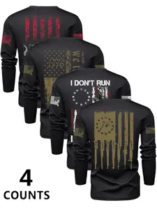Men's Flag Series Crew Neck Long Sleeve Graphic Aesthetic Streetwear Fitted T-Shirt Set, Casual Outdoor Tee for Spring & Fall, Moderate-Weight Fabric, 4-Piece Pack
