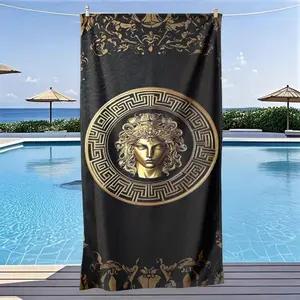 Medusa Gold Vintage Beach Towel, Quick-Dry Polyester, Quick Drying Towel, Sand-Resistant, Sun Protection, Large Bath Sheet, Surfing, Swimming, Swim Towels, Yoga Essential