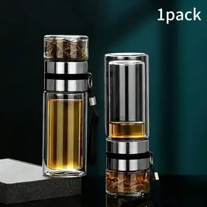 Viral Double Wall Borosilicate Glass Tea Infuser Travel Bottle, Leakproof Tumbler Tea-Water Separation Brewing Design, Food-Grade BPA-Free Heat & Thermal Shock Resistant Drinkware, Dishwasher Safe for Home Office Travel Camping, Ideal Gift for Tea Lovers