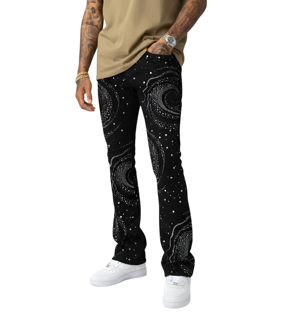 VICIOUS MEN'S EMBELLISHED RHINESTONE STACKED DENIM VC1004 BLACK