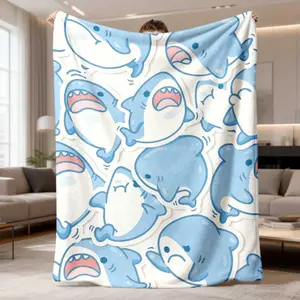2026 New Arrival Flannel Blanket | Contemporary Shark Cartoon Flannel Throw Blanket, All-Season, Soft Blue, Shark Print with Expressions (Smiling, Surprised, Angry), Multipurpose for Home, Office, Camping, Machine Washable, Cozy