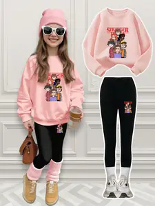 'Stranger Things' Girls Cartoon Print Set, Casual Fitted Pants & Sweatshirt, Comfortable Elastic Waist, Fall Winter, Children Ages 4-12, Fashion Clothes Set