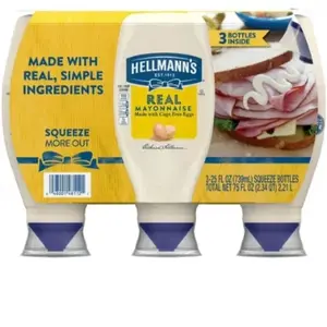 Hellmann's Real Mayonnaise, 25 fl. oz., 3 pack. Squeeze Bottle