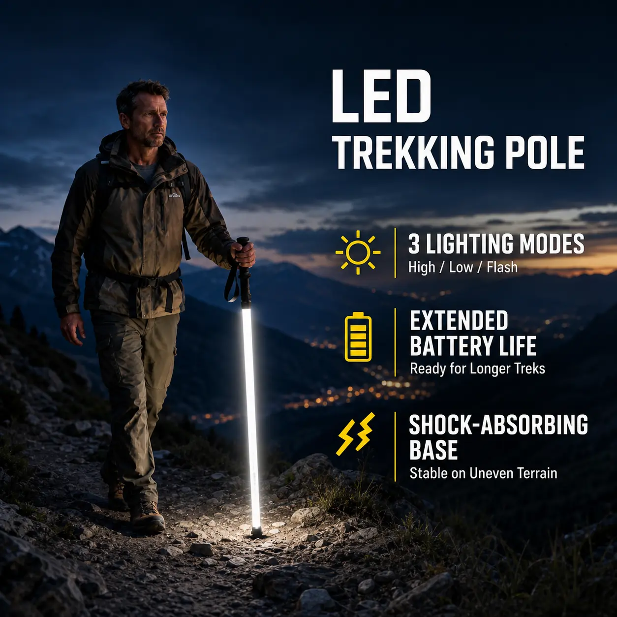 DKD LED Light Trekking Poles with 3 Lighting Modes, Rechargeable Hiking Stick with Full-Length Light Strip, Camping Walking Pole for Night Hiking, Light Saber SOS Emergency & Outdoor Adventures