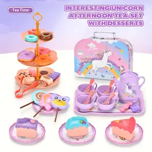 44-Piece Tea Party Set, Realistic Plastic Teapot Set, Role-Playing Toy, Princess Afternoon Tea Time Kitchen Set with Desserts