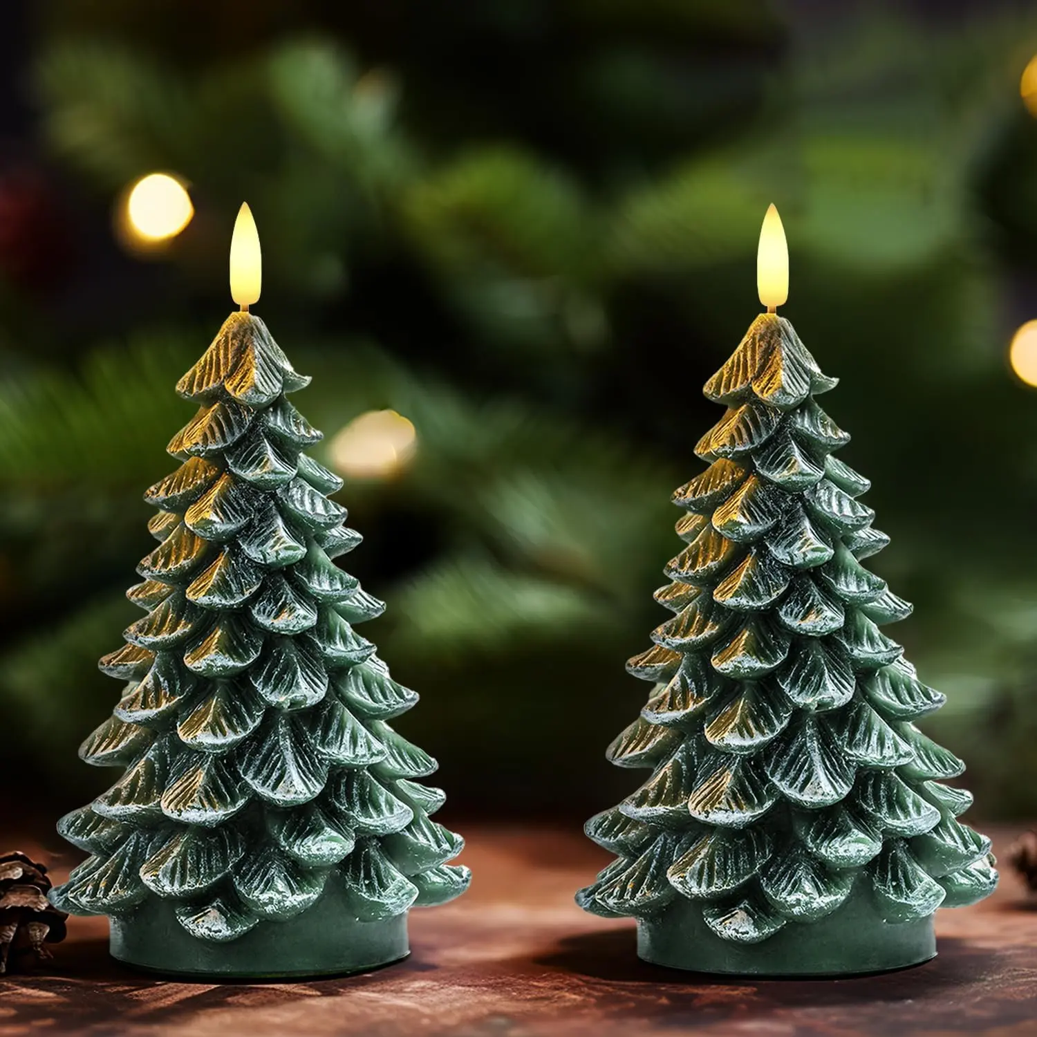 8.5" Battery-Operated LED Flameless Christmas Tree Candles (2 Pcs) - 6-Hour Timer On/Off, Waxy Flickering Green Candles for Christmas Decor, 8.5" Tree Décor, LED Glow Warms Up Holiday Corners, Light, Batteries