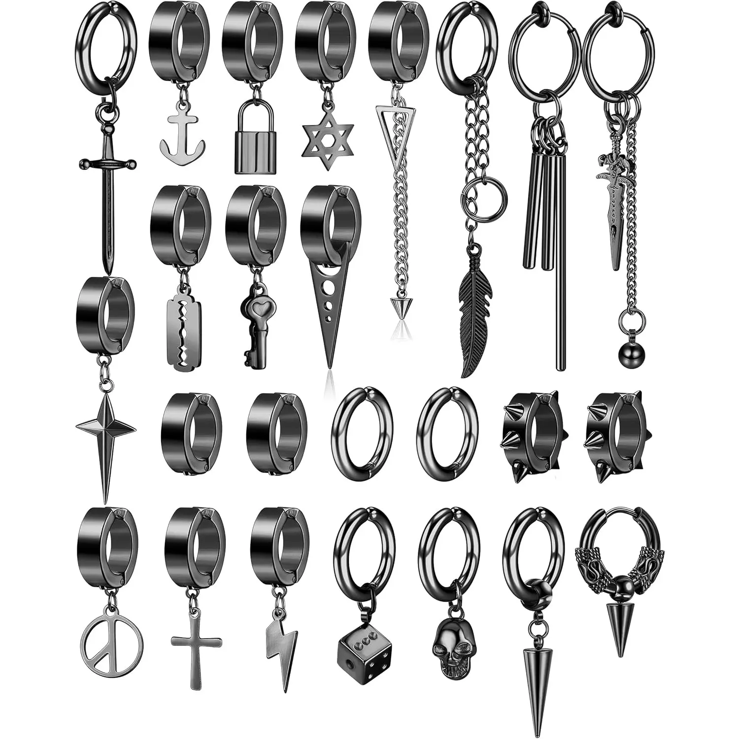 Women's THUNARAZ 25-Pcs Retro Metal-Coated Clip-On Earring Stack Set - Stainless Steel Huggie Hoops, Dangles, Nuggets, Feathers, Gothic Emo Alternative Earrings, Anti-Rust Steel Jewelry Stack, Costume Fashion Accessories, Earring Stacks, Clip On Earrings