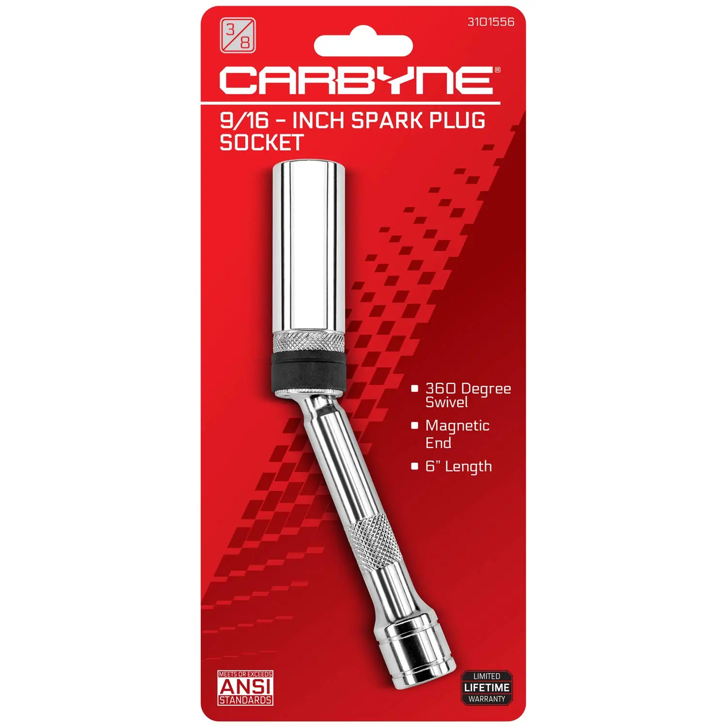 CARBYNE 9/16" Spark Plug Socket - Magnetic Swivel. 3/8" Drive, 6" Overall Length, 6-Point.