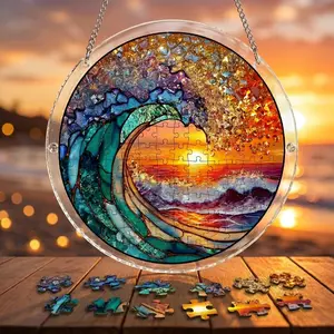 Puzzle Pieces Acrylic Suncatcher Ocean Wave Sunset Window Hanging Stained Glass Style Beach Decor Colorful Sun Catcher Prism Light Catcher Coastal Home Decor Gift Summer Window Ornament Art Piece Rainbow Light Decor
