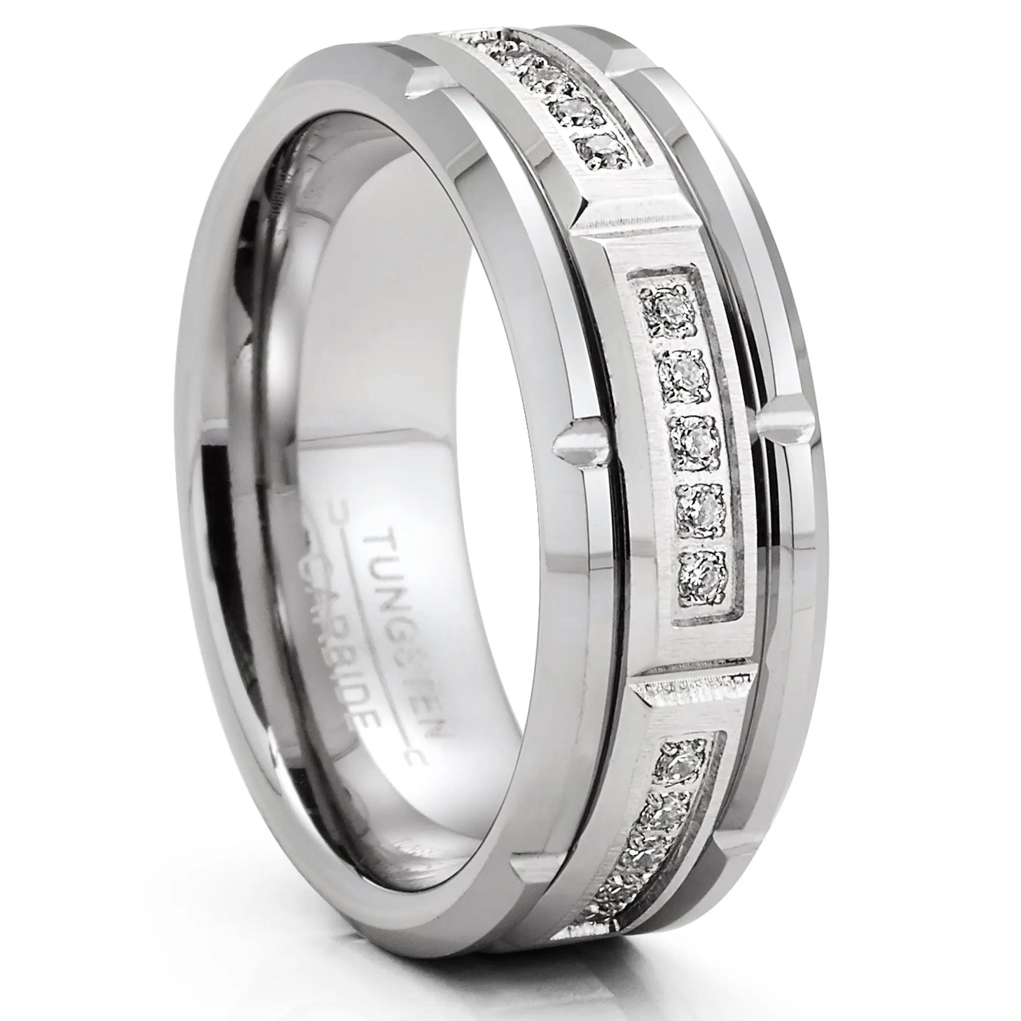 Men's 8MM Silvertone Tungsten Carbide Brick Design Ring with Cubic Zirconia, Comfort-Fit Wedding Band for Couples, Marriage Ring, Rings For Couples, Marriage Rings
