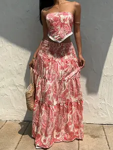 Women's Boho Style Two-Piece Set, Bohemian Spring Summer Floral Print Halter Top & Layered Long Skirt, Elastic Waist, Vacation