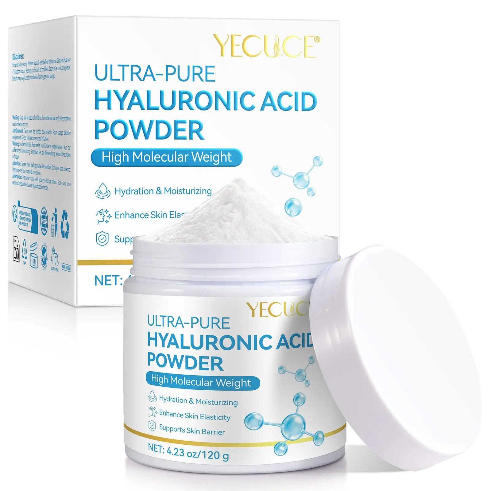Yecuce Hyaluronic Acid Powder 120g, Hydrating Moisturizing Deep Moisture Locking Essence, Portable and Storable, Face Products, Face Mask Powder for At Home Facial Skin Care