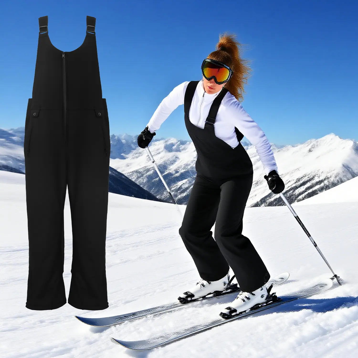 Women's Winter Ski Bib Overalls - 95% Poly + 5% Elastane for Flex, Waterproof, Windproof, Warm, Full-Length Lady Fit Thick Outdoor Trousers for Skiing, Snowboarding