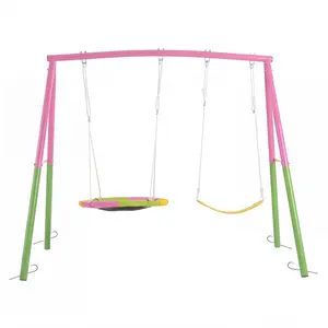 Swing Set for Backyard, 330lbs Swing Set with Heavy-Duty A-Frame Metal Outdoor Swing Stand, 1 Saucer Swing Seat & 1 Belt Swings Seat