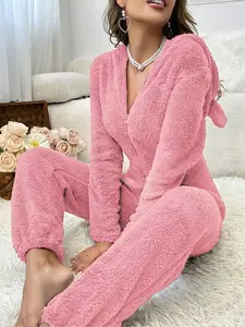 Hooded Plush Onesie with Ear Design, Casual Loose-Fit Kint Fabric, All-Season Comfortable Sleepwear for Men & Women
