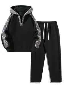 Men's Plain Two-piece Sweatsuit Set, Basic Regular Fit Casual Drop Shoulder Half Zip Long Sleeves Hoodie & Pocket Drawstring Elastic Sweatpants, Men's Clothing