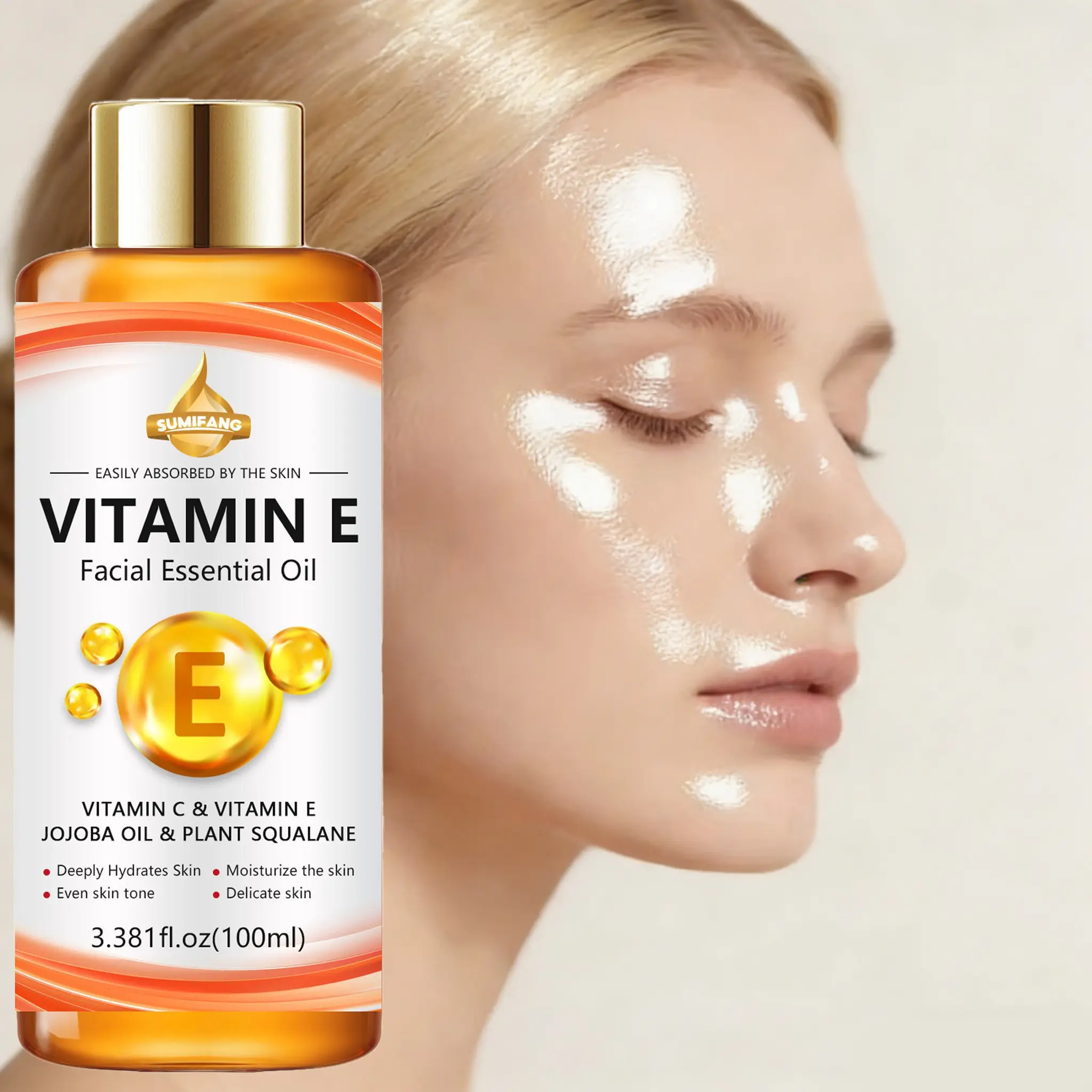 Vitamin E plant-based facial oil, easily absorbed, Daily moisture nourishing, Moisturizing, Hydrating, moisturizes dry skin, smooths roughness, evens skin tone, brightens dullness, nourishes and softens skin, locks in moisture
