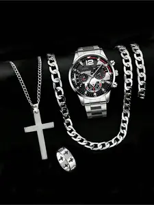 5 Pieces Fashionable Jewelry Set For Boy: Quartz Watch With Stainless Steel Strap, Hip-Hop Cubanlink Necklace, Bracelet And Ring - Ideal Holiday Gift
