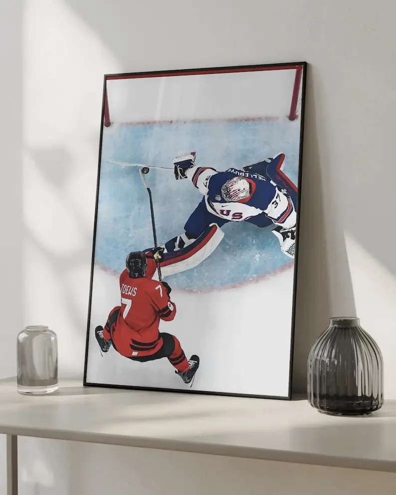 USA Connor Hellebuyck Legendary Save Poster, Hockey Goalie Print, Sports Wall Art, Ice Hockey Decor, Modern Black Metal Frame Art