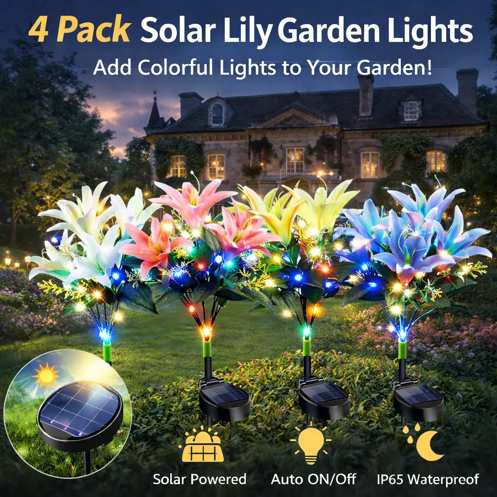 4 Pack Solar Lily Garden Decor, 7-Headed Waterproof LED Auto On/Off Solar Outdoor Lights for Outdoor Decor & Home Improvement Lighting Accessories