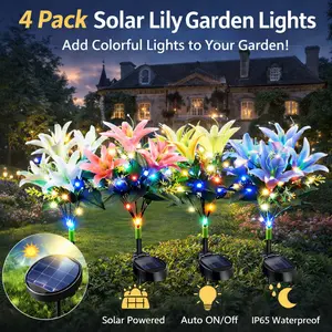 4 Pack Solar Lily Garden Lights, 7 Heads Outdoor Waterproof LED Flower Lights, Auto On/Off Solar Powered Decorative Lights for Yard, Pathway, Lawn, Patio