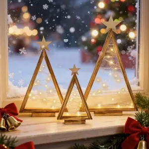 3 Pcs Lighted Christmas Tabletop Decorations, Wooden Tabletop Christmas Trees, Rustic Farmhouse Decor for Home, Table Fireplace Mantle Shelf Decor, Thanksgiving Christmas Gift