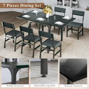 7-Piece Dining Table Set for 4-6, Extendable Kitchen Table Cushion Chairs Set of 6 with 6 Chairs, Rectangle Dining Table with Metal Frame & MDF Board, Folding for Small Apartment Saving Space, Black