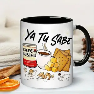 11oz/15oz Ya Tu Sabe Coffee Mug - Cuban Culture Themed Ceramic Cup with Black Handle & Interior, Cafe Bustelo Design Featuring Coffee Beans, Crackers & Cheese - Novelty Gift for Coffee Lovers, Housewarming -Clean Coffee Cup for Home or Office Use,