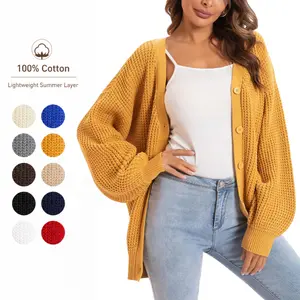 QUALFORT Women’s Plus Size Casual Oversized Basic Cotton Knit Cardigan, Lightweight Long-Sleeve Button-Down Lantern-Sleeve Knitwear Clothes for AC Indoor Longsleeves Womenswear