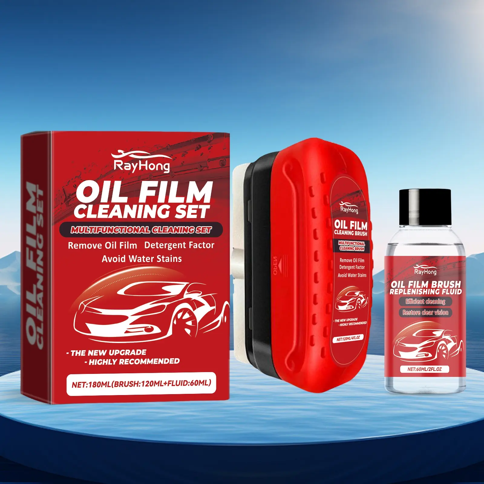 Car Window Crystal Clear Glass Cleaner Set, Car Windshield Cleaner, Includes Car Glass Cleaning Board 120ML & Oil Film Brush Refill Liquid 60ML, Rainproof & Streak-Free, Clear Vision Windshield Cleaner