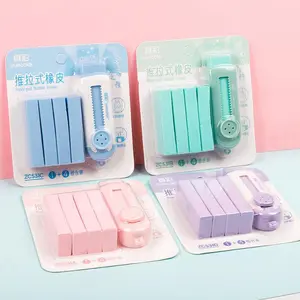 5 sliding extendable erasers, 1 soft and cute eraser, 4 replaceable cores, large push-pull precision pencil erasers that can be replaced, 4-color pink, purple and green erasers suitable for schools and offices, Office Stationery Supplies