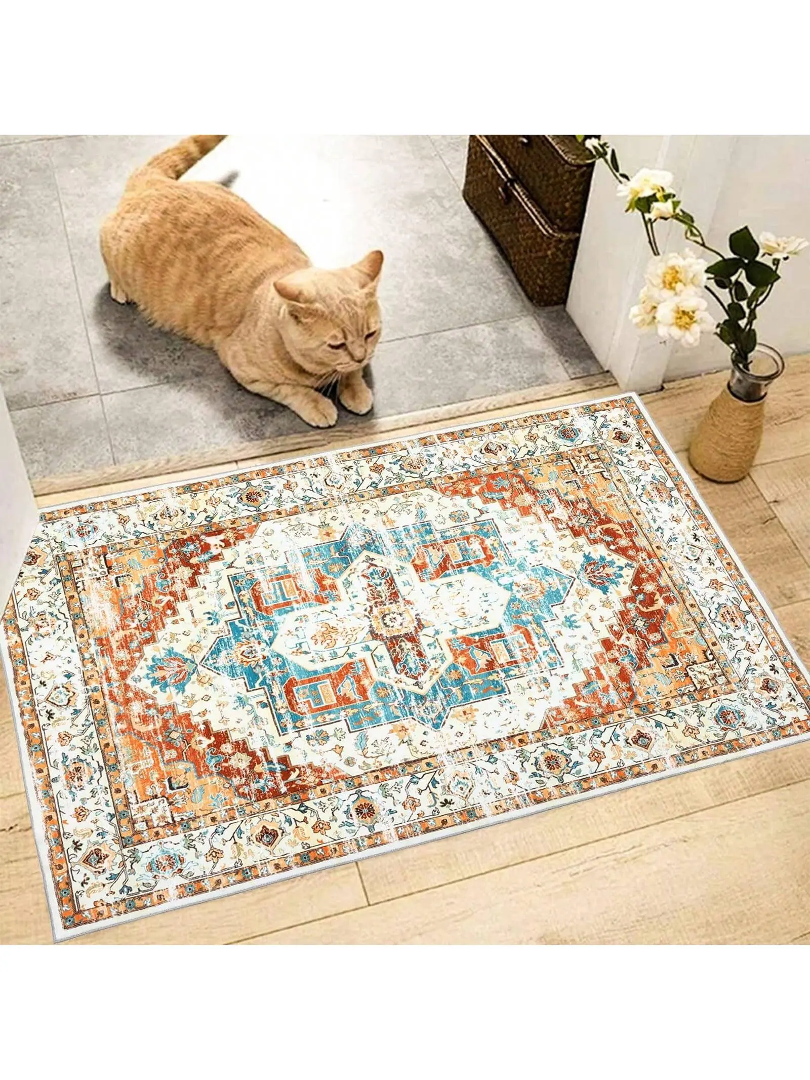【Christmas Gift】Vintage 4x6 Area Rug - Thin, Washable, Non-Slip, Stain-Resistant, Non-Shedding, Pet-Friendly Reddish Brown Indoor Rug for Entryway, Bedroom, Kitchen