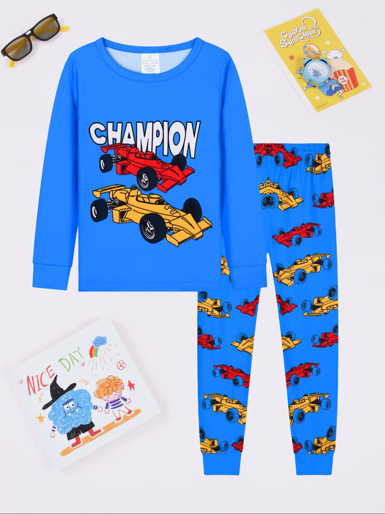 Boys' Long Sleeve Round Neck Pajamas Set, Casual Comfy Pajama, Digital Print Racing Car Design, Casual Comfortable Sleepwear for All Seasons