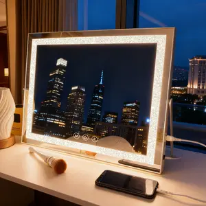 INMTFEI Hollywood Glam Crystal LED Vanity Mirror 50x40 cm with 3 Light Modes & Detachable 5X Magnifying Mirror for Makeup Lovers Elegant & Electronic with Type-C Power Input handmirror