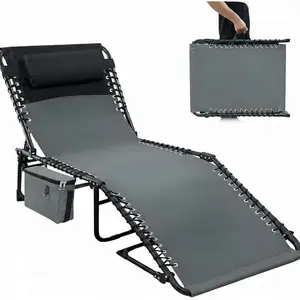 Chaise Lounge Chair Outdoor, 5-Position Adjustable Sun Tanning Chair with Carrying Handle and Side Pocket, Folding Bed Cot with Removable Pillow for Garden, Beach, Patio, Pool, Camp- Portable Tanning Chair for Garden, Pool, Beach, Camping