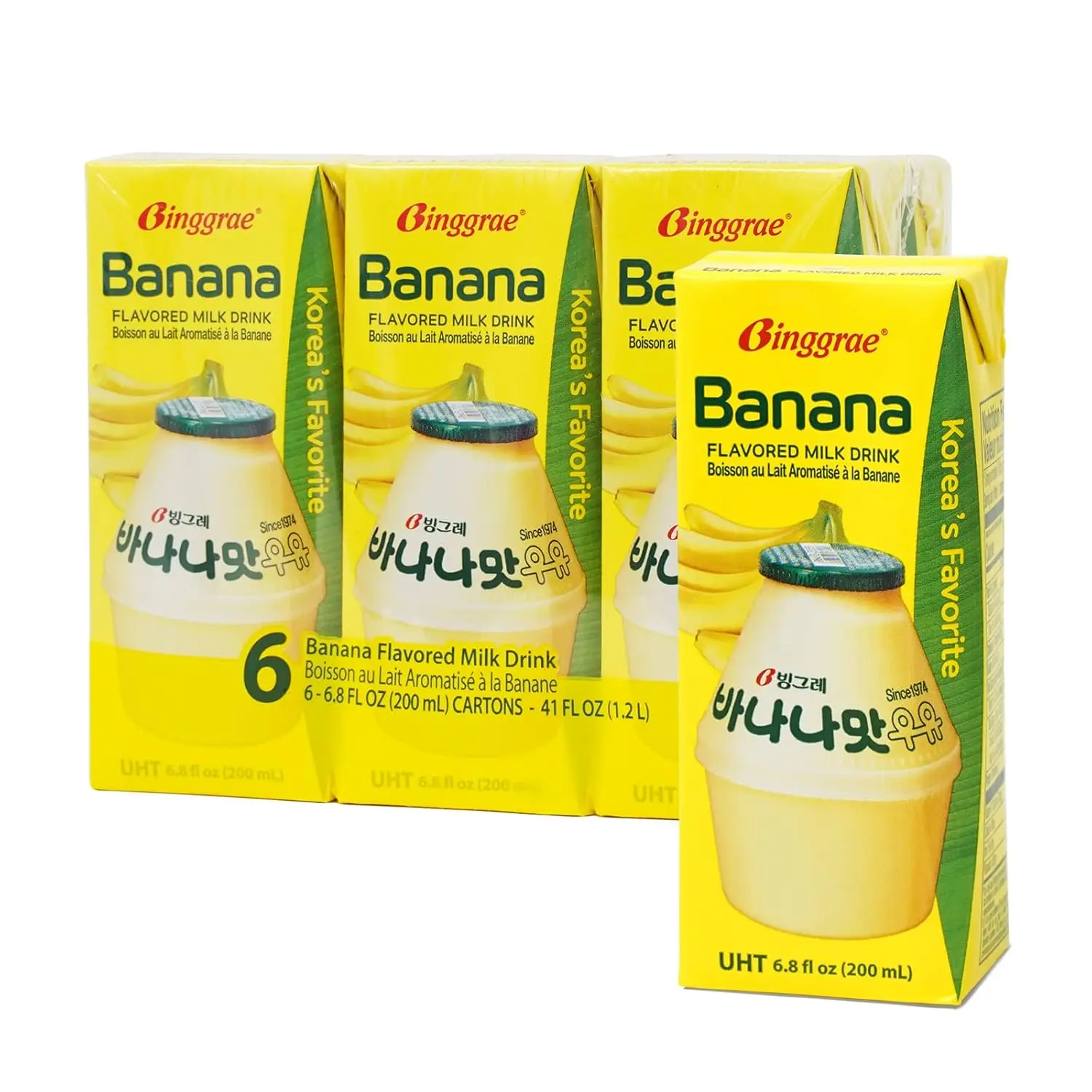 Binggrae Banana Flavored Milk Drink – Sweet and Creamy Korean Beverage – Shelf-Stable 6.8 fl oz Cartons – Pack of 6