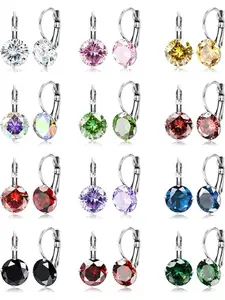 12 Pairs Leverback Dangle Earrings Set for Women Gold Plated CZ Stainless Steel Earrings 6/10MM Multicolor Cubic Zirconia Drop Earrings