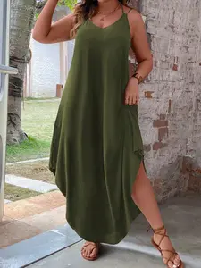 Women's Plus Size Cami Maxi Dress V-Neck Spaghetti Strap Asymmetrical Curved Hem Flowy Slip Dresses Casual Summer Vacation Boho Beach Outfits Loose Fit Spring
