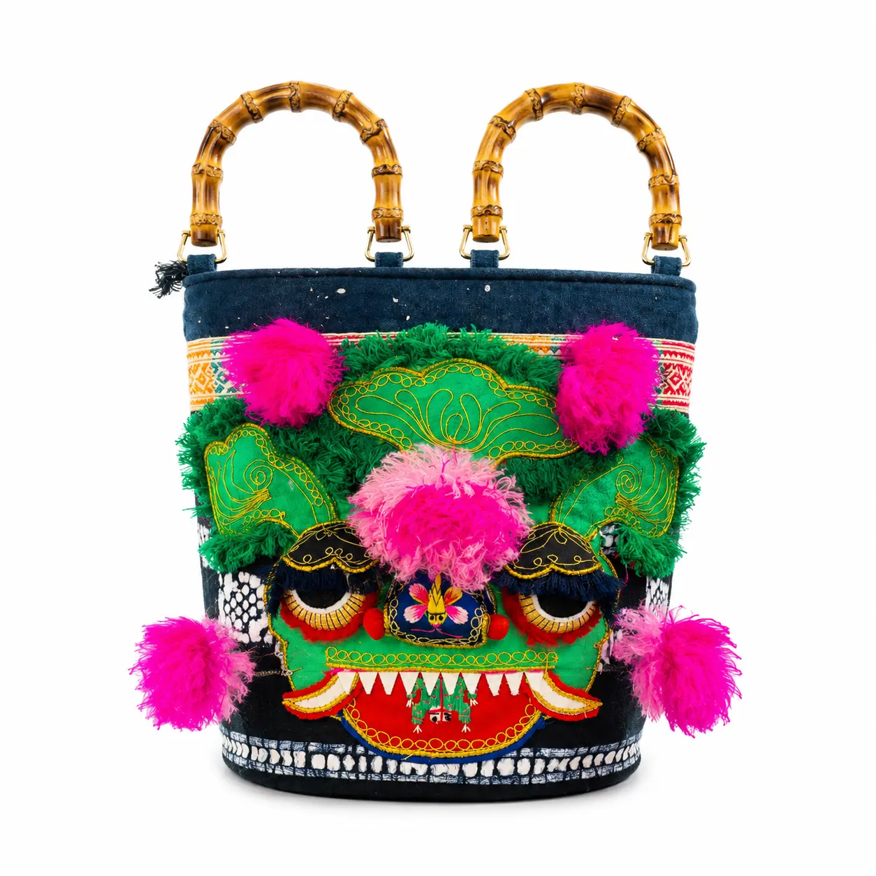 Women's Handmade Tiger Head Crossbody Shoulder Bag - Indigo Batik Fabric, Traditional Embroidery, Bamboo Handles, No Mass Production, Cultural Gift, Unique Statement Pieces, Top Handle Bag, One-Of-A-Kind