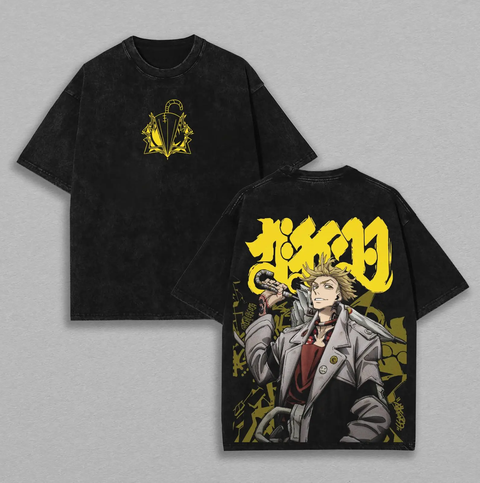 Men's Fitted No-Figure Otaku Style Vintage Round Neck Short-Sleeve Distressed Gachiakuta Enjin Cartoon T-Shirt - Casual Sport-Friendly Menswear Top, Anime Fan Gift, Ripped
