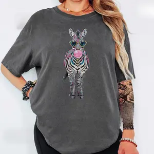 Colorful Zebra Graphic Tee · comfy Adult & Youth · Dopamine Dressing,Bubble Gum Zebra with Heart Sunglasses Oversized T-Shirt, Plus Size Preppy Wild Animal Graphic Tee, Women’s Vintage Washed Charcoal Loose Fit Short Sleeve, Y2K Aesthetic Top