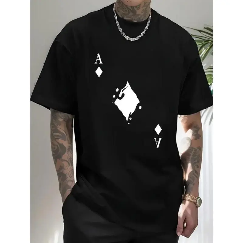 Men's Classic Soft Cotton Crew Neck Short-Sleeve T-Shirt - Bold Ace of Spades Graphic Print, Regular Fit Stretch Knit Fabric, White Unisex Streetwear Top, All-Season Casual, Machine Washable, Alternative, Shortsleeve