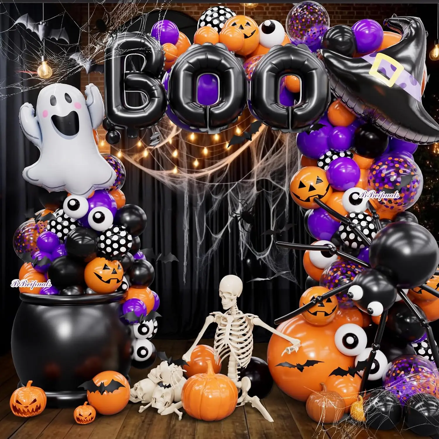 Halloween Balloon Arch Kit 192PCS Halloween Balloons Garland with Ghost Witch Hat & BOO Foil Balloons Purple Orange Black Latex Balloons Pumpkin Spider Web & Bat Decorations for Halloween Party, Birthday & Indoor Outdoor Decor