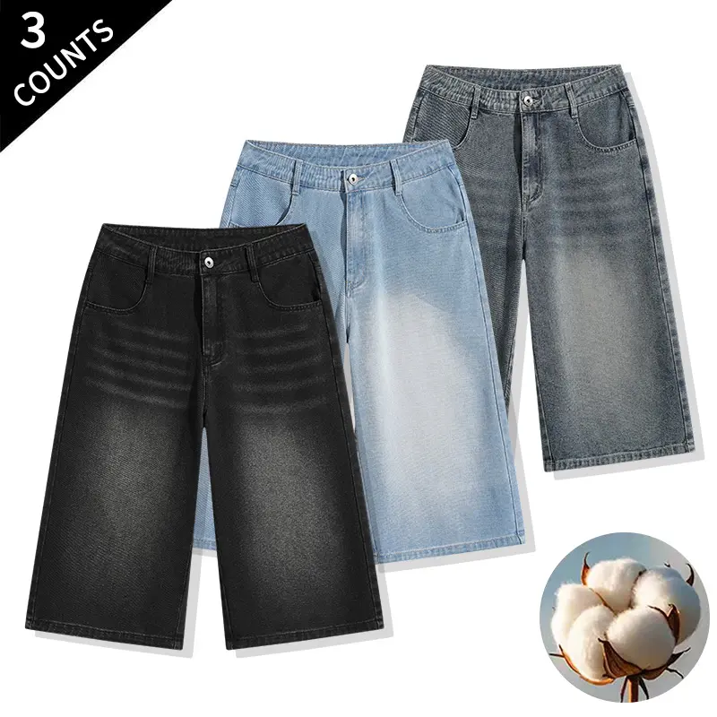 Summer Vibes 3-Pack Men’s Baggy Denim Capri Pants, Vintage Washed Knee-Length Jeans Shorts for Streetwear & Casual Wear