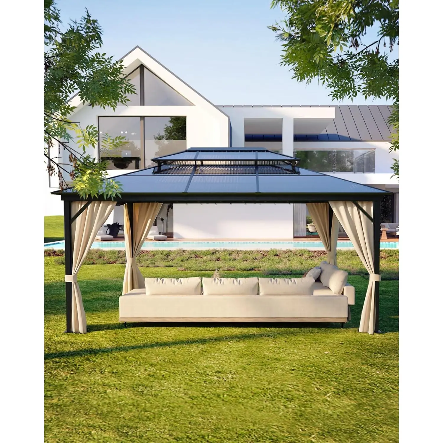 12x16 ft Sturdy Hardtop Gazebo with Double Polycarbonate Sun Protection Roof, All-Weather Aluminum Alloy Frame Permanent Outdoor Canopy with Polyester Fabric Netting & Privacy Curtains for Patio, Parties