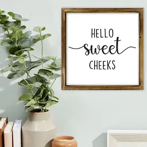 Hello Sweet Cheeks Pattern Wooden Framed Sign, Farmhouse Style Letter Pattern Wall Art, Wall Decor for Home, Kitchen, Bathroom, Living Room, Vintage Decor, Rustic Farmhouse Design, Vintage Letter Print