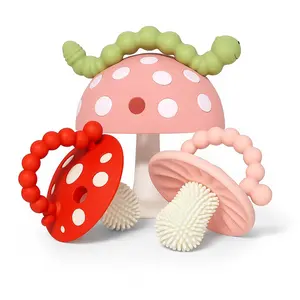 Chompy Teether 2-Pack (Red/Pink) & Chompy Grip (Pink) Set – Soft Silicone Teething Toy with Holder for Babies