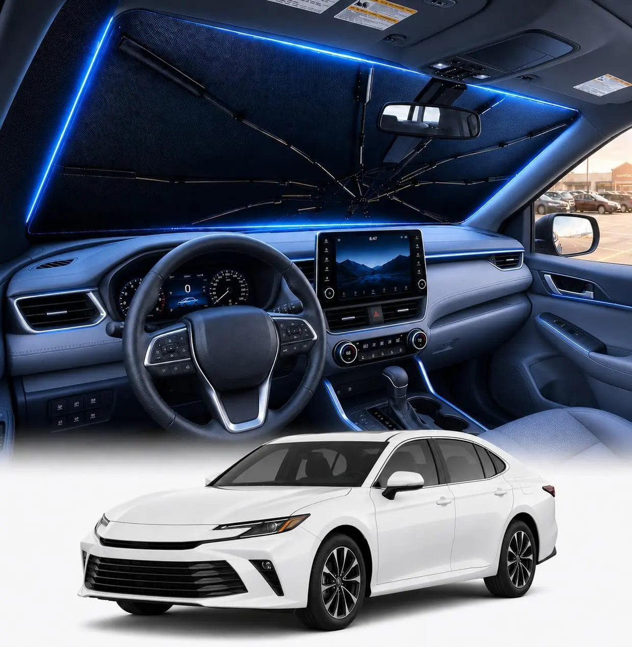 [2026 Upgraded] DooGooCoo Custom Fit Windshield Sun Shade Umbrella for Toyota Camry 2018-2026, 100% Sunlight Blocking, Cooling Ice Crystal Design, Car Front Window Exterior Accessory