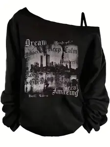 Gothic City Geometric Print Aesthetic Asymmetrical Shoulder Sweatshirt, Adjustable Thin Straps, Women's Top, Loose Fit, Long Sleeve, All Seasons